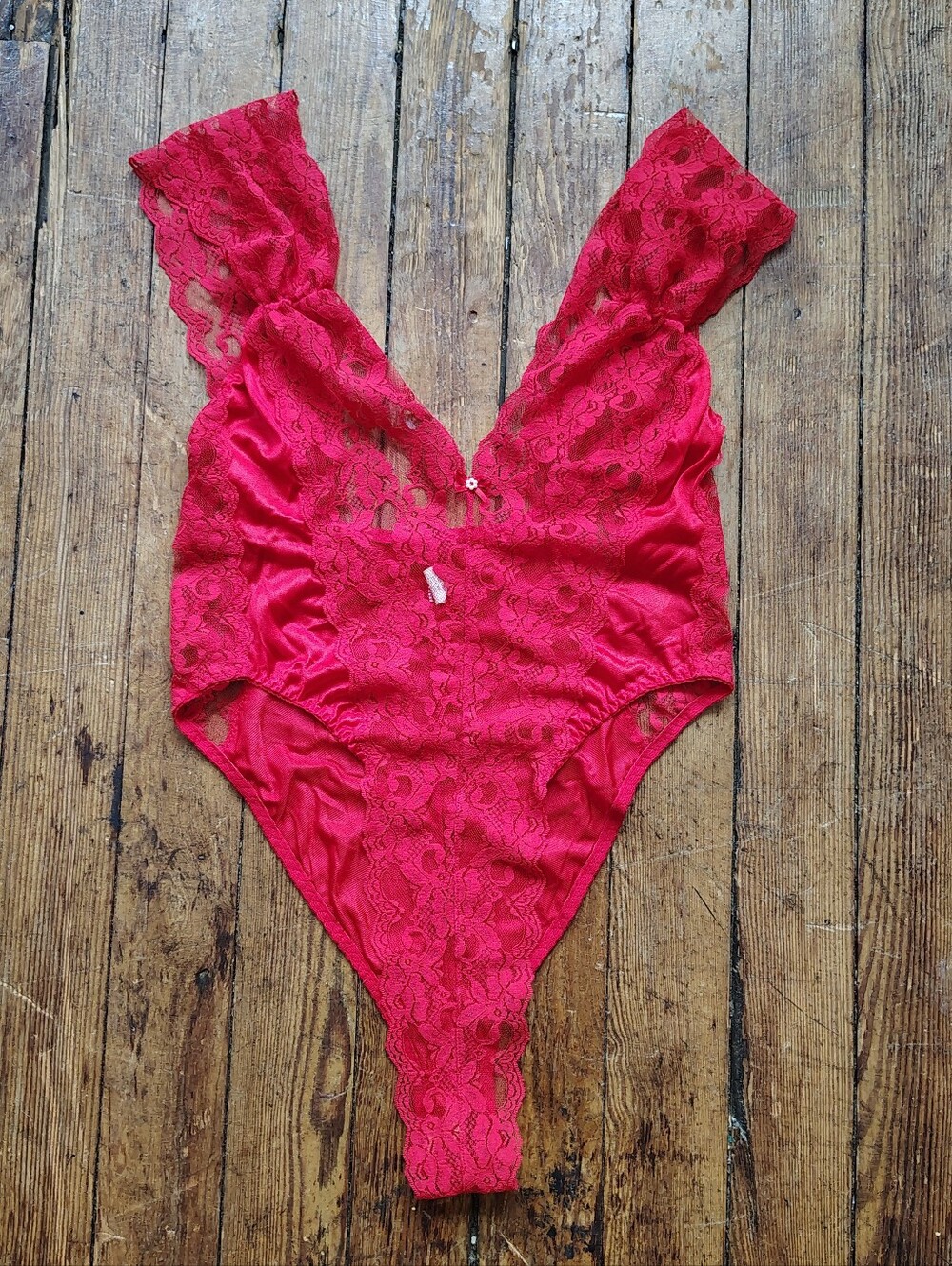 Vintage 80s Lace Red Teddy Made In USA Size Medium Stretch Lingerie Bodysuit